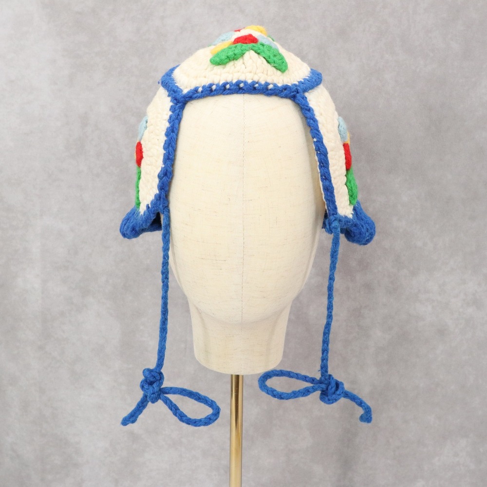 White Cable Knit Crochet Floral Tie Y2K Vintage‎ Child Girls Beanie Hat Cap